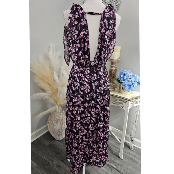 EUC Sabina Musayev Black Pink Metallic Floral Open Back Plunge V-Neck Maxi Dress - Picture 3 of 15